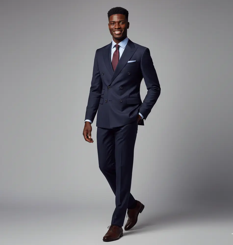 Black male AI model posing in a studio wearing professional outfit