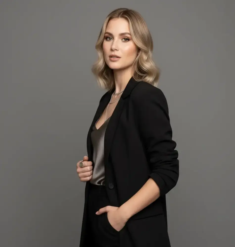 AI model posing in a studio with a white background